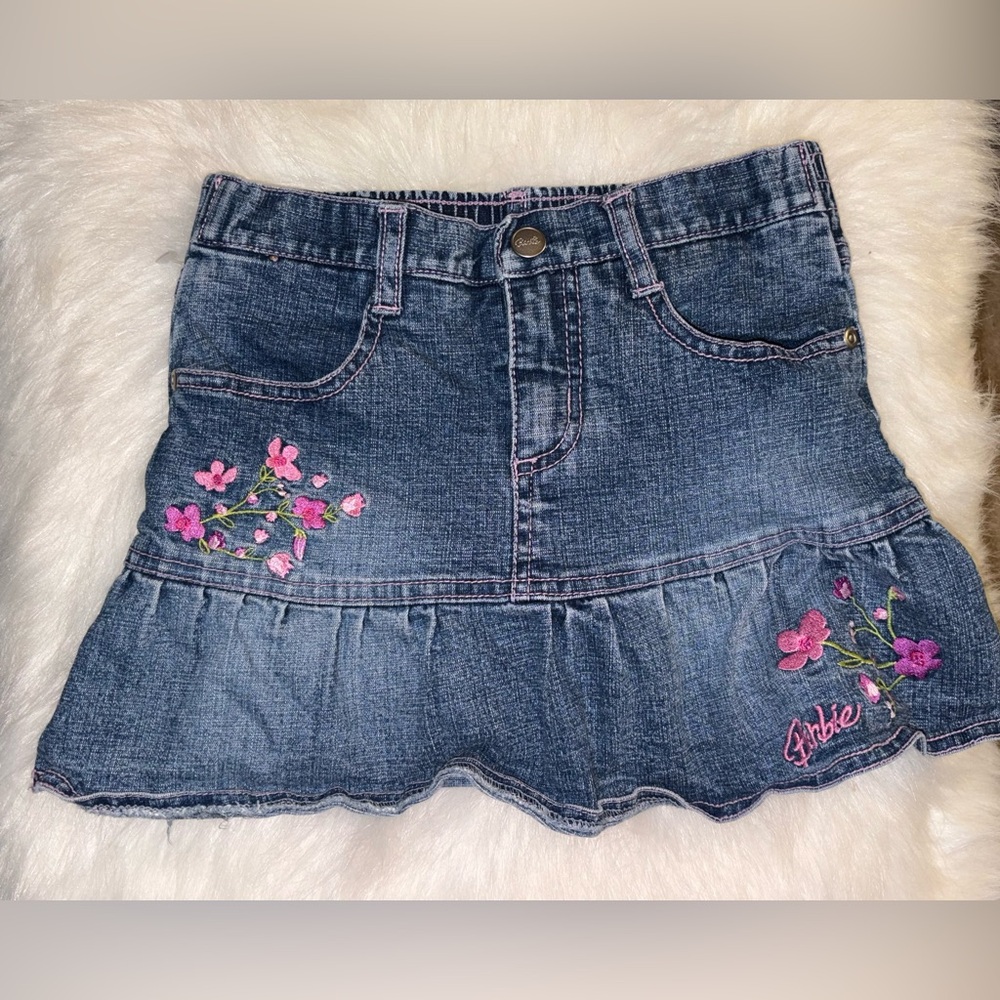 Barbie Denim Skort Girls Size 6X Embroidered Floral Y2K Jean Skirt with Shorts